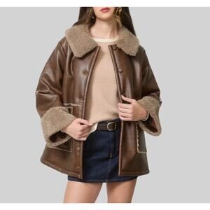 Blu Pepper Brown Faux Leather Jacket Shearling Sherpa Lined Button Front Size S